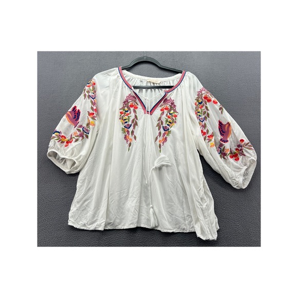 Solitaire Tops - Anthropologie Solitaire Blouse Women's Sz XL White Embroidered Peasant Bird Boho